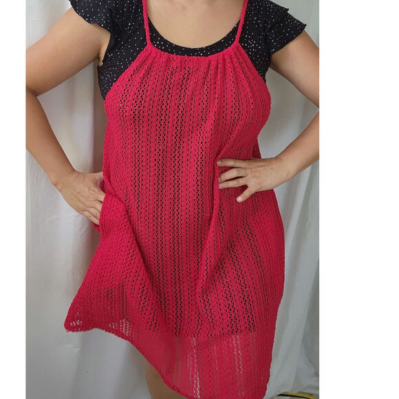 C&C California Cover-Up crochet Mini Dress Swimwear Size M NWT red pockets sheer - Picture 12 of 12